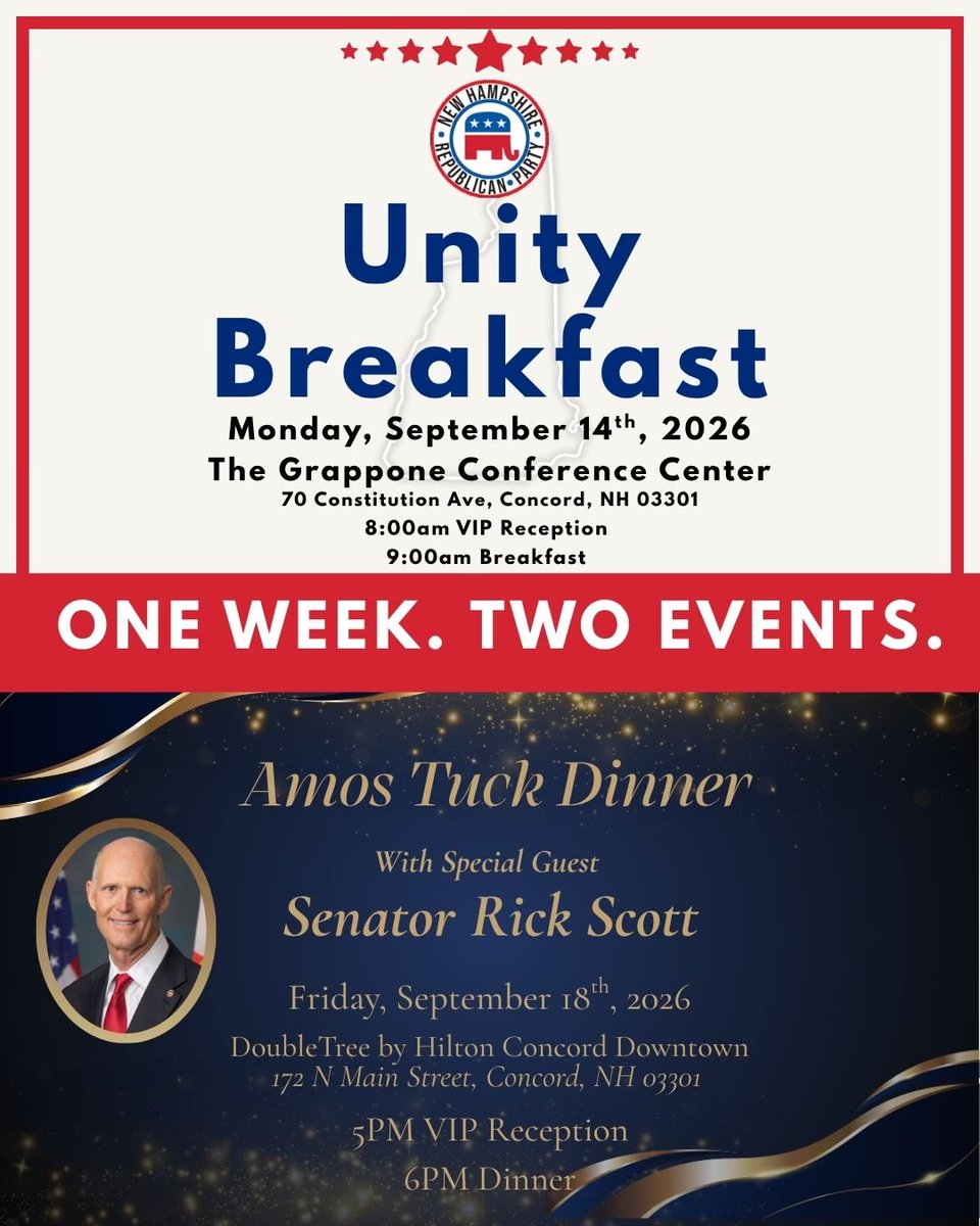 NHGOP's tweet photo. The NHGOP is excited to announce that this September, we will have TWO incredible events happening in ONE week!
Join us as we bring together the best of New Hampshire politics for two historic events you won’t want to miss!

Get your tickets NOW! 

https://t.co/KfWU9G5rvP

#nhgop #nhpolitics