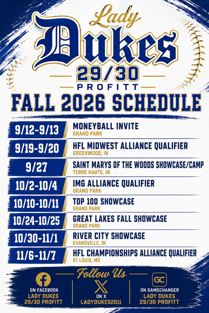 LadyDukes2011's tweet photo. 🔥 FALL SCHEDULE DROPPED. TIME TO WORK. 🔥

The Lady Dukes are coming into Fall 2026 ready to COMPETE. 💙💛

Big stages.
Tough competition.
College exposure.
Alliance qualifiers.
And a group of girls ready to make some NOISE. 🥎🔥
@Gracelynn2029_1 @ZoeyStarr2030 @kschakel_2029 @Nat_Estelle10 @JosieSoja_2030 @AllieMorris2030 @Kinslee_2029 @josieprofitt23 @Werden2029 @IzzyBolander @LayaWooden28