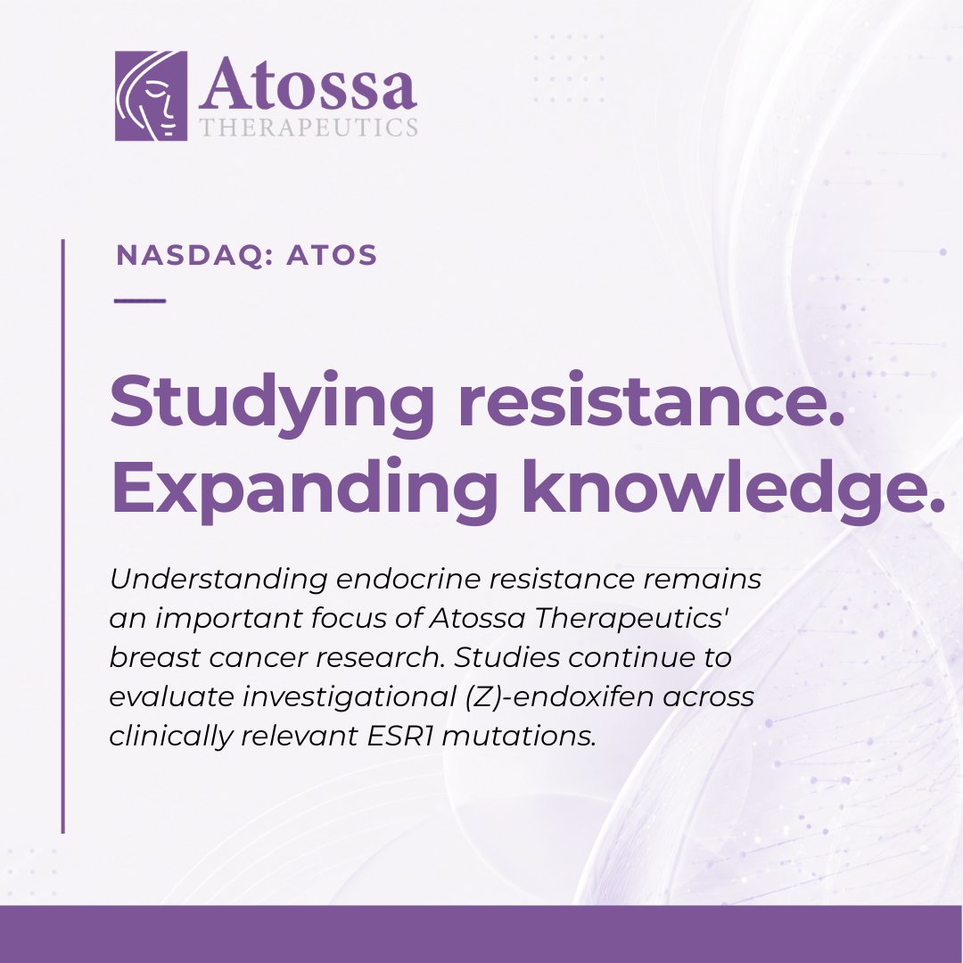 atossainc's tweet photo. One reason Atossa Therapeutics continues studying ESR1 mutations is their association with endocrine resistance in ER-positive breast cancer.

Understanding how investigational (Z)-endoxifen interacts across clinically relevant ESR1 mutations remains an important area of our research.

Learn more: https://t.co/hkhYwPKVOR $ATOS