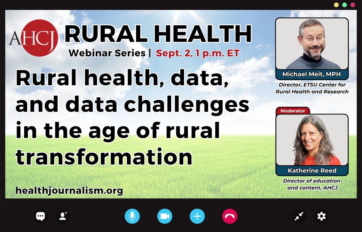 etsucrhr's tweet photo. CRHR Director Michael Meit is joining AHCJ’s Rural Health Journalism webinar series!

Join him Sept. 2 at 1 p.m. ET for a discussion on rural health data, including challenges with collecting, accessing, and interpreting data.

Register: https://t.co/m0sWnFWwGb https://t.co/RR4featVQj