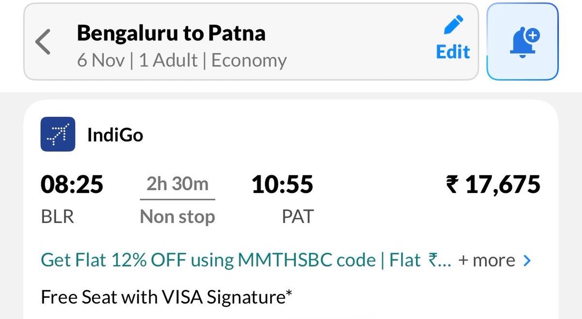 mainbhiengineer's tweet photo. The domestic travel has become so unaffordable in India. This is a 2.5hrs flight cost around Diwali which is almost 3 months away right now. Near diwali it may go to 30K per person. It's more expensive than many famous foreign destinations.

Suppose you're a family of 4, then 1.5L will go just for visiting your home in a festival. Don't think anywhere else in this world domestic travel is so costly.

On top of that Govt removed LTA exemption in new tax regime, atleast Salaried taxpayers used to get some relief using that. No wonder people complain that they're not able to save even after earning 30-40LPA.