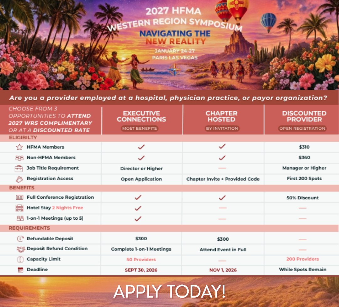 HFMAWestern's tweet photo. 🗣️ Call for Healthcare Providers!

Don’t miss this opportunity to make valuable connections and elevate your experience at the 2027 HFMA Western Region Symposium!

📝 Apply today: https://t.co/OTEt6UsWZp

👀 Learn more: https://t.co/ymsXARF0wS

⏰ Application deadline: 9/30/26 https://t.co/E6LRaJucXL