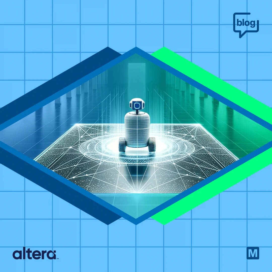 Promotional graphic for an Altera and Mouser blog featuring a small futuristic robot centered on a glowing digital grid inside a layered blue-and-green diamond frame. The background is light blue with a square grid pattern, with a “blog” speech-bubble icon above and the Altera and Mouser logos below.