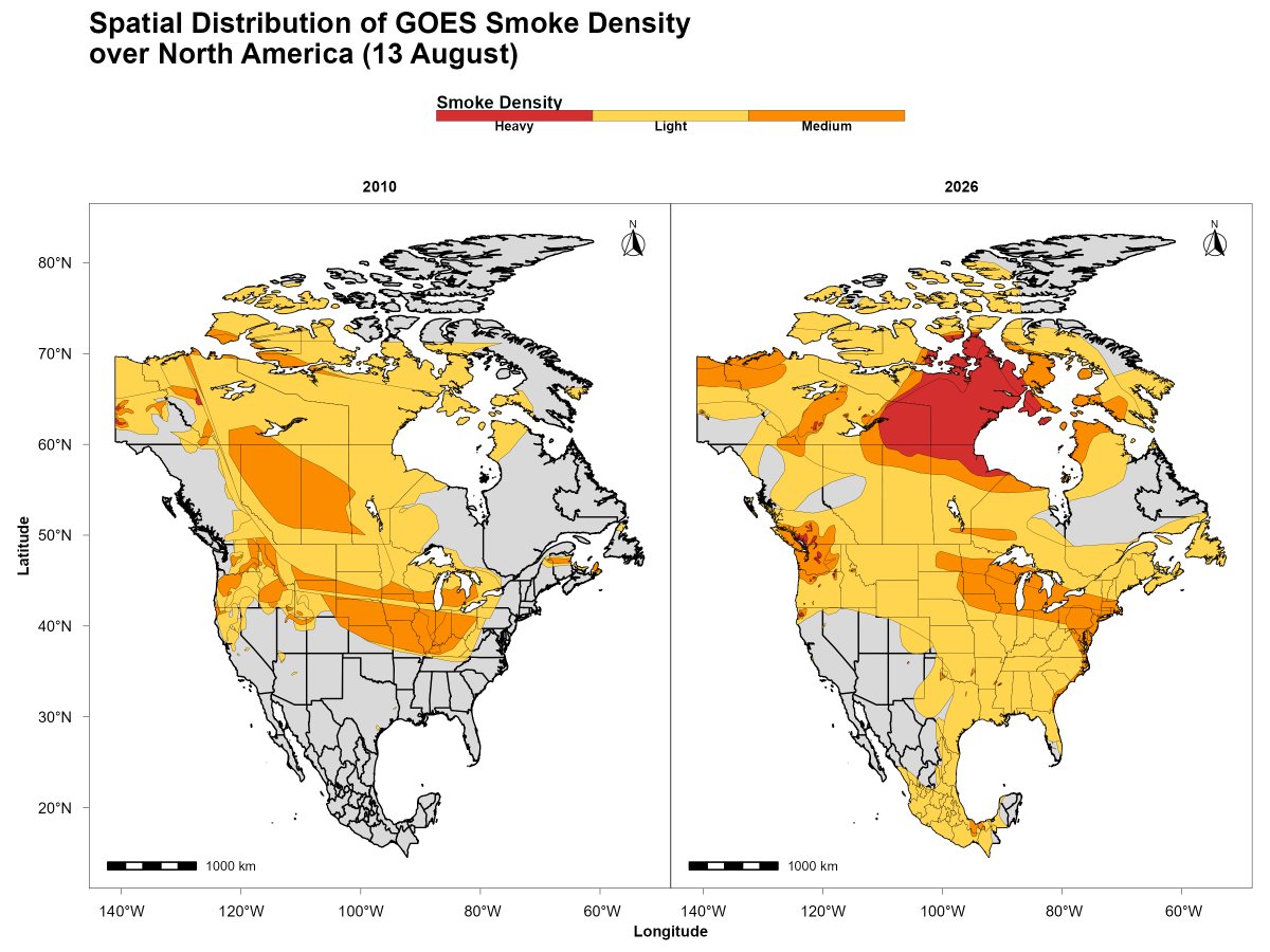 alihassansha12's tweet photo. Expanding Smoke Footprint over North America: GOES Satellite Comparison (2010 vs. 2026) #WildfireMonitoring #SmokeMonitoring #AirQuality #EnvironmentalMonitoring #DisasterRiskManagement #GISConsultant #GISConsulting #RemoteSensingJobs #GISJobs #GeospatialJobs #RemoteGIS #usafirst https://t.co/SWBqZ81KAd