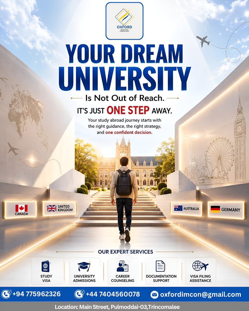 omcpvtltd's tweet photo. 🎓 Turn Your Dream of Studying Abroad into Reality! 
With the right guidance and standard support, getting into top universities in Canada, UK, Australia, &amp; Germany is easier than ever.

 #StudyInUK #WorkInUK #VisaGuidance #FutureReady #OxfordLanguageCentre #Pulmoddai  #srilanka https://t.co/Pl4OrS3oH8