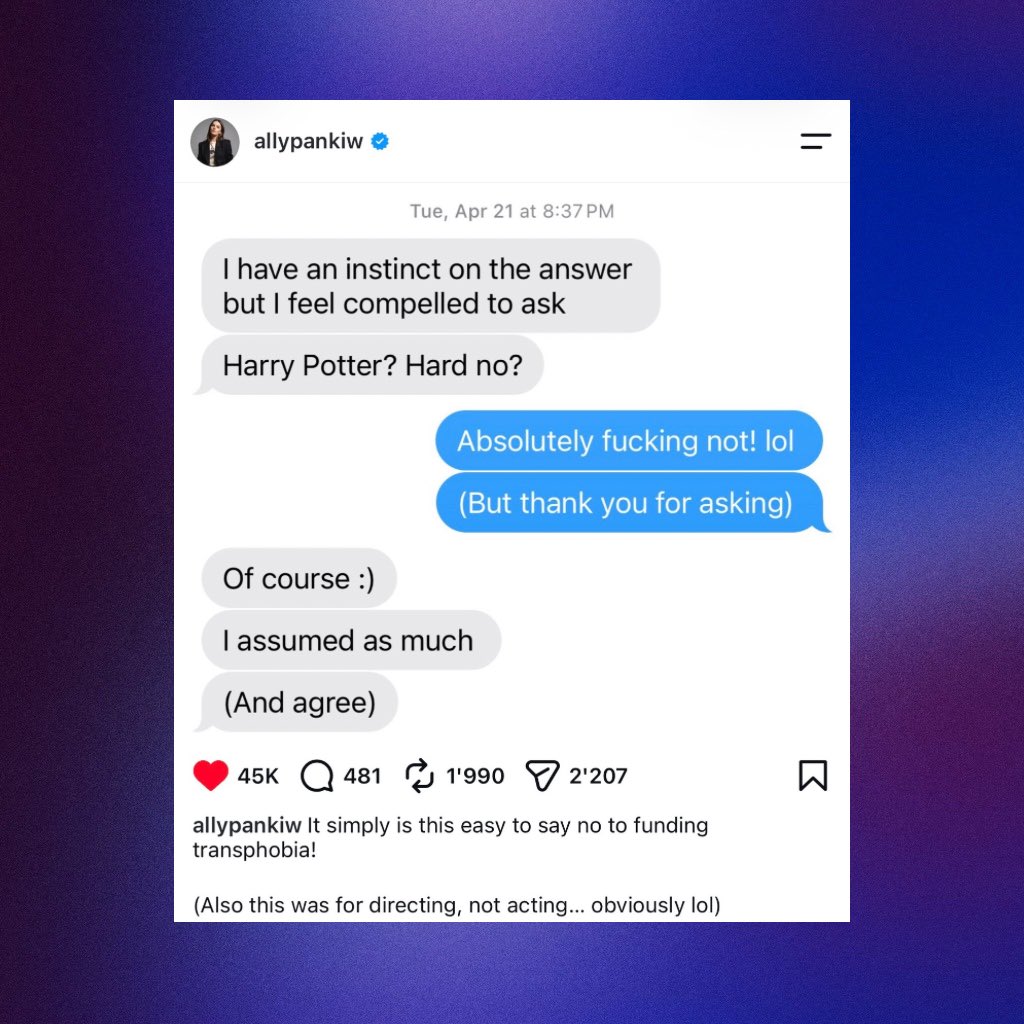 PopBase's tweet photo. ‘Black Mirror’ director Ally Pankiw reveals she turned down directing the ‘Harry Potter’ HBO series:

“It simply is this easy to say no to funding transphobia!” https://t.co/akGyYNSK86