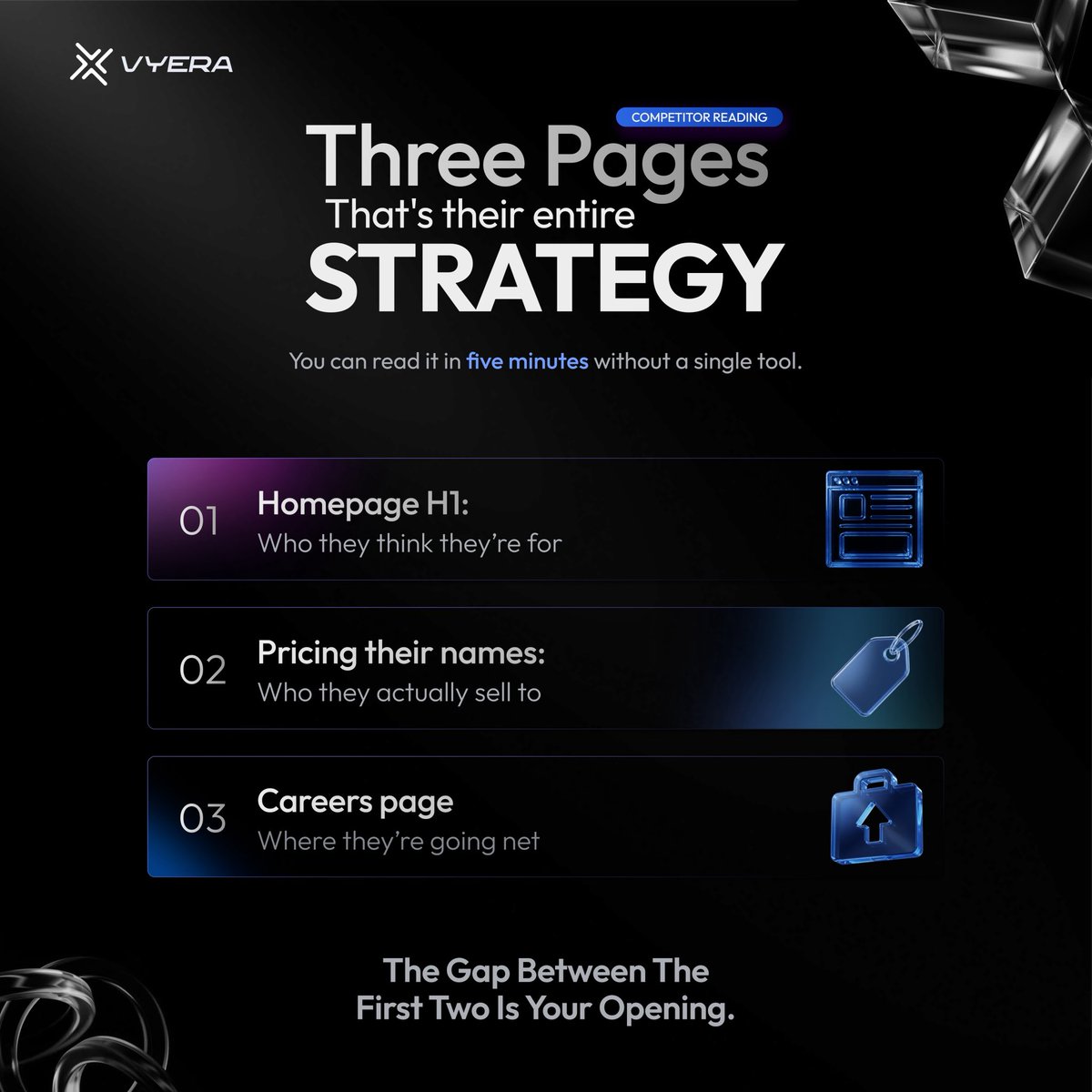askvyera's tweet photo. The gap between a company's homepage and its pricing page tells you where to attack.

Homepage H1: who they think they're for Pricing tier names: who they actually sell to Careers page: where they're going next

Five minutes. No tools. They publish all of it. https://t.co/JrRIcug6rC