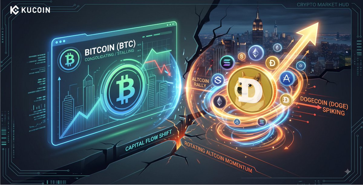kucoincom's tweet photo. Is Dogecoin's sudden momentum a sign that speculative capital is rotating back into altcoins? 🐕📈

While Bitcoin continues to chop sideways near $63,700,$DOGE broke from the pack with a ~3% pop, sparking fresh debate over whether traders are moving further out on the crypto risk curve.

The latest KuCoin blog breaks down what the divergence actually signals:

📊 The Momentum Divergence: As Bitcoin slipped and large-caps stayed muted, Dogecoin outperformed the broader market, signaling a localized return of speculative risk appetite. 🐋 Whale Accumulation: Wallets holding 10M to 100M DOGE accumulated roughly 180 million tokens during the recent dip, expanding their share of circulating supply to nearly 12%. ⚡ Elevated Futures Leverage: DOGE futures Open Interest spiked to $1.21 billion (~17.18B DOGE), with long accounts heavily dominating short positions across major exchanges. 🔍 Altseason or Bull Trap? Without coordinated spot volume and follow-through from Ethereum and broader altcoins, this move points to selective risk testing rather than a confirmed market-wide rotation.
Is this an early indicator of an altcoin summer or just isolated meme speculation? Read the full market breakdown here: https://t.co/xTHzfsT5xF