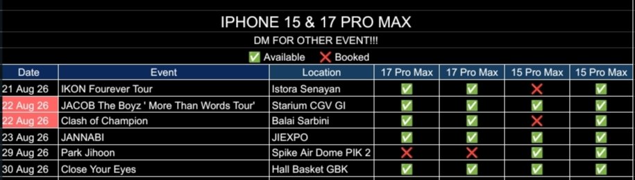 poocoo_'s tweet photo. 💕 SPECIAL PRICE FOR AUGUST EVENTS 🥳

Yuk buat yg masih cari rental / sewa  Iphone 17pm &amp; 15pm kita ada harga special untuk:

IKON
JACOB 
CLASH OF CHAMPIONS 
JANNABI
PARK JIHOON
CLOSE YOUR EYES 

Open rent wtr wts Iphone Jakarta 
📍COD VENUE
DM for price &amp; tnc ☺️
Cc @Djenouary https://t.co/2F3n7TiI5M
