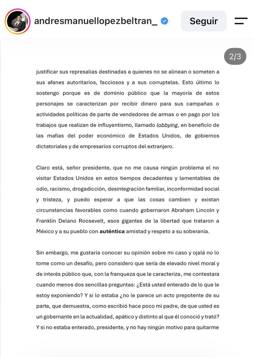 DeniseDresserG's tweet photo. La carta mal escrita de Andrés López Beltrán no transmite indignación. Transmite pánico.

Insulta al gobierno de Trump, pero le ruega a Trump que lo salve de sus propios funcionarios. Dice que perder la visa no le importa, pero escribe tres cuartillas para recuperarla.

Quizá el miedo no sea quedarse sin visa. Quizá sea preguntarse qué sabe Washington y qué sigue.

Porque mientras Morena protege, encubre y minimiza los señalamientos sobre sus narcopolíticos —de Rubén Rocha a tantos más—, Andy sabe que ahora la mira está puesta sobre él.

Andy ahora está en una lista negra.