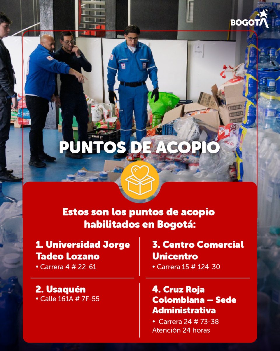 Capitalsalud's tweet photo. Si vas a llevar una donación, recuerda movilizarte de manera ordenada y seguir las indicaciones para facilitar el ingreso y salida de quienes llegan a los puntos de acopio. ❤️‍🩹 #BogotáSolidaria https://t.co/O8UhWa9wSw