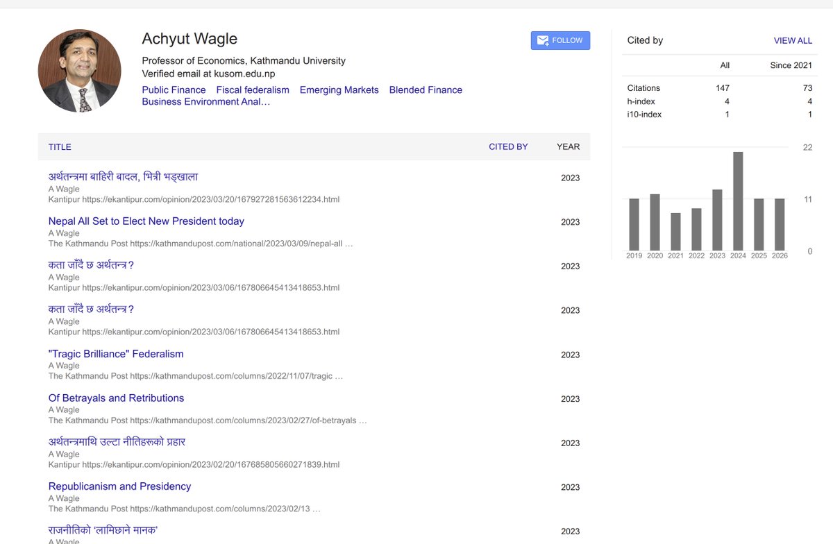 aksh71717's tweet photo. @DrAchyutWagle shows your credibility. No good VC adds Kantipur and The Kathmandu Post articles in their Google Scholar 🤣 where are you high impact factor papers? https://t.co/pbfx1Lknx2