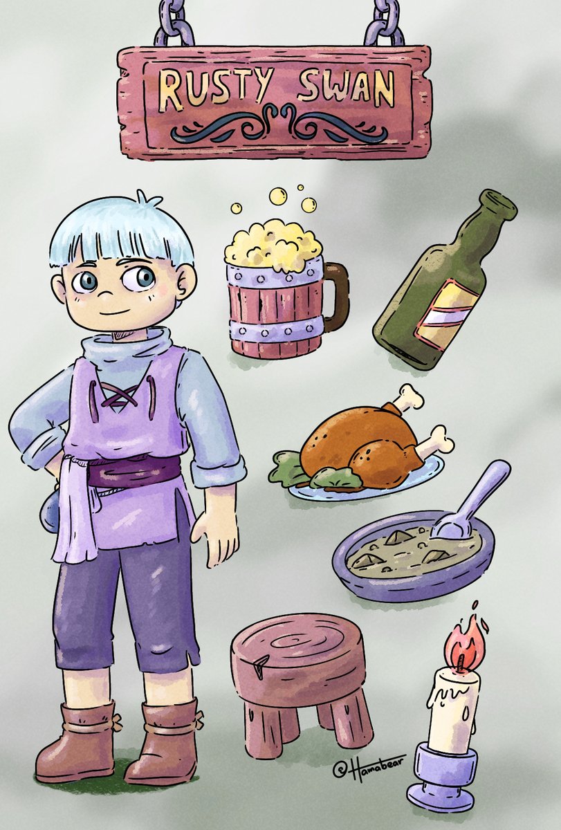 Humyay's tweet photo. Title: Rusty Swan Tavern Miles, a young tavern keeper. --- 
Been playing a lot of Traveller's Rest lately, and this guy is my character in one of my saves. Been thinking of making a whole new backstory for him and stuff.  Enjoy! https://t.co/WC88Ffn3Be