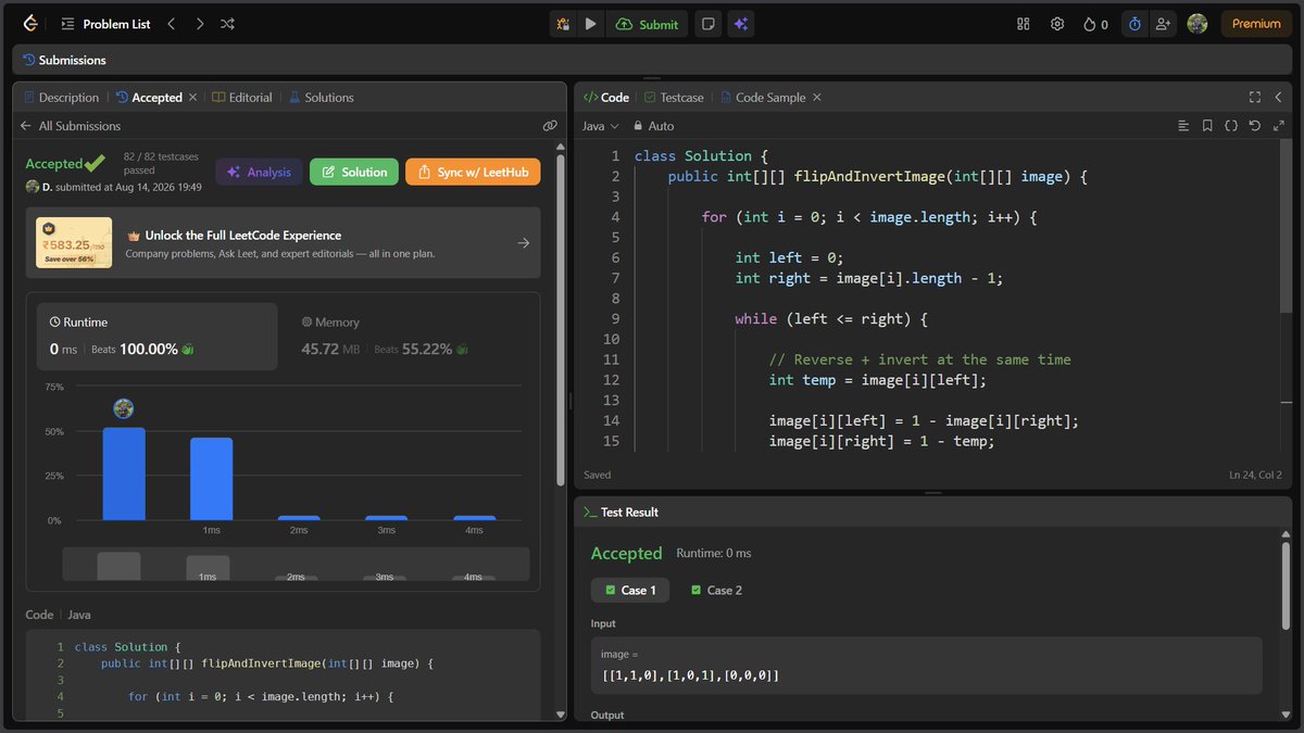 Deo__Ashish's tweet photo. Day 5 of #100DaysOfLeetCode

-> Flipping an Image - reversed and inverted matrix rows using two pointers

-> Find the Highest Altitude - tracked running altitude to find the peak point

Both accepted with 100% runtime beat rate.

#DSA #100DaysOfCode #LeetCode #CodingJourney https://t.co/MHZ6XJS51F