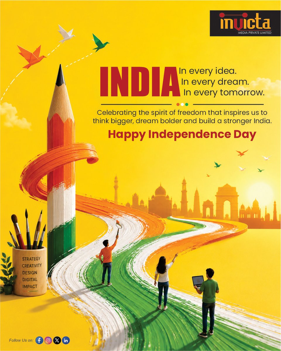 InvictaMedia's tweet photo. We all have our own way of contributing to India’s journey. For us, it is through ideas, creativity and the work we put out every day. 🇮🇳 Here’s to dreaming bigger, creating better and building a tomorrow we can all be proud of.
#IndependenceDay #Invicta #India #CreativeIndia https://t.co/vgQOj0aeXn