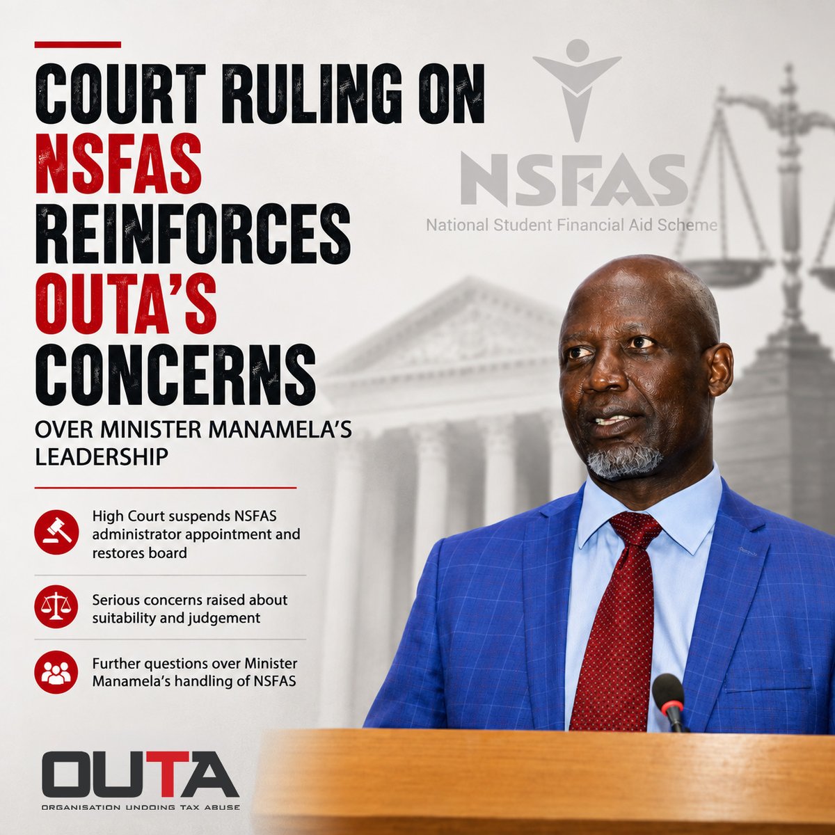 OUTASA's tweet photo. A court ruling has reinforced OUTA’s concerns about leadership and accountability at @myNSFAS.
The question remains: who is being held accountable for the ongoing instability at NSFAS?
Read more: https://t.co/gTdWYcoRgD
#NSFAS #Accountability #OUTA https://t.co/1mBEYd74Eu