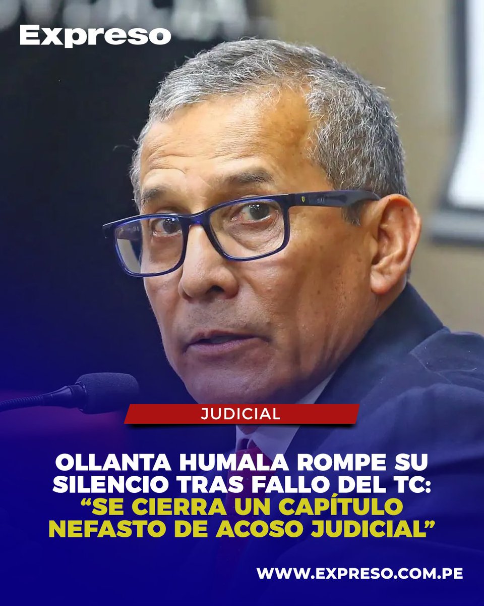 ExpresoPeru's tweet photo. Ollanta Humala afirmó que el fallo del tribunal constitucional pone fin a un “capítulo nefasto de acoso judicial” tras anular el proceso penal que terminó con su condena a 15 años de prisión. sostuvo que él y Nadine Heredia fueron perseguidos y encarcelados abusivamente por supuestos aportes de campaña que, según afirmó, “nunca fueron delito”.

📷 Foto: Difusión

📷 Lee la nota completa aquí:
https://t.co/7qPpnLI28s