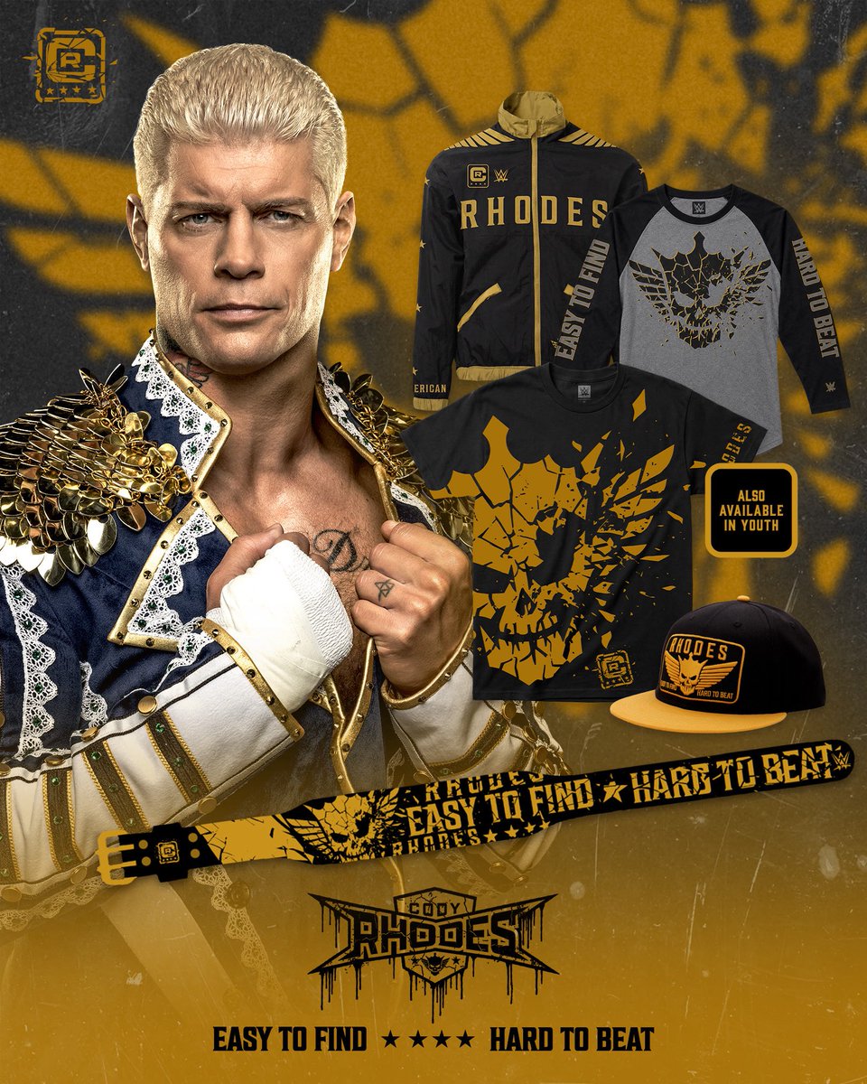WWEShop's tweet photo. Easy to find, hard to beat! Cody Rhodes has a NEW collection available now at #WWEShop #WWE 🛒: https://t.co/aX59ItCZY3 https://t.co/WZl9RTwLmd