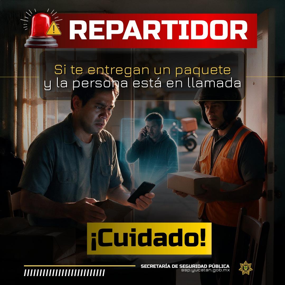 sspyuc's tweet photo. 🚨📦 Conductores de apps de transporte público: ¡CUIDADO!

Si durante un servicio te solicitan recoger o entregar paquetes y la persona permanece en una llamada o sigue instrucciones por teléfono, podría tratarse de un engaño.
No participes en situaciones sospechosas. Ante cualquier comportamiento inusual, reporta de inmediato al 9-1-1 o al 089.

🛡️ Tu seguridad también está en el camino. Actúa con precaución y no seas parte involuntaria de un engaño telefónico.