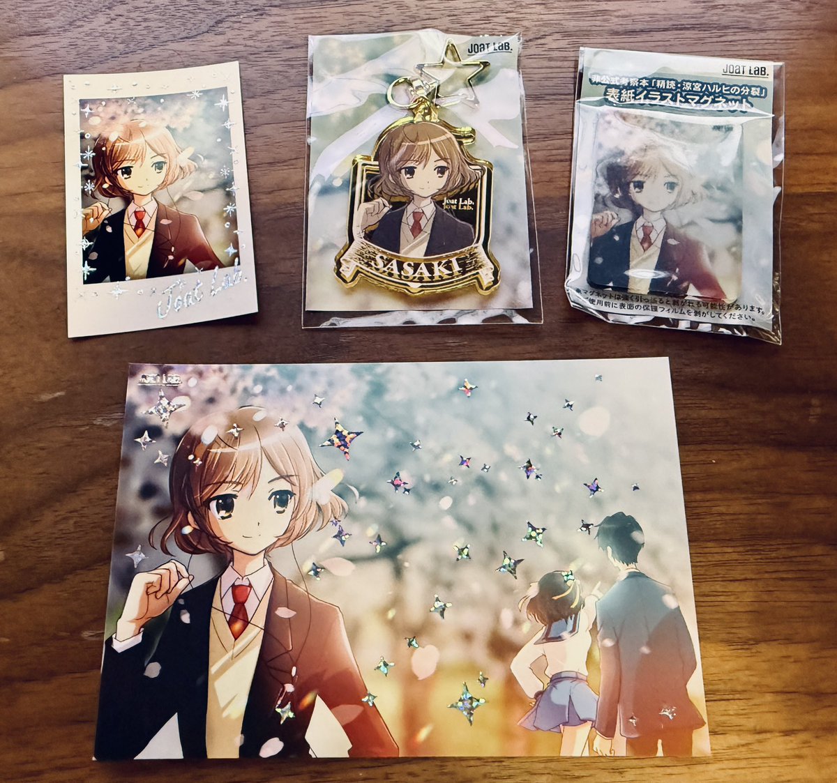 haruhimemo's tweet photo. 明日の #C108 にて頒布予定の『精読・涼宮ハルヒの消失』の表紙絵を用いたグッズはこんな感じ。チェキ風カードとポストカードは本を買ってくれた方にはプレゼントしますが、単品買いもOKです。
アクキーとマグネットはばら売り・在庫限りなので欲しい方はお早めに！ https://t.co/Ps3wAqYVom