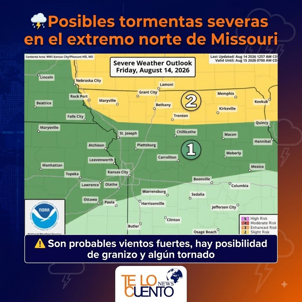 TeLoCuentoNewsK's tweet photo. ⛈️Se prevén #tormentas severas esta tarde y noche en el norte de Missouri, especialmente a lo largo y al norte de la autopista 36. 

⚠️El peligro más probable son los vientos fuertes, pero también existe la posibilidad de granizo grande y algún tornado aislado. 

#Missouri #Clima https://t.co/R0xQjtTXMS