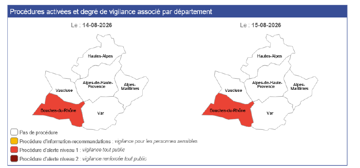 Image de Préfet de la région Provence-Alpes-Côte d'Azur - #AlertePollution |🔴L'alerte de niveau 1 est prolongée pour demain samedi 15 août.

Préfet de la rég