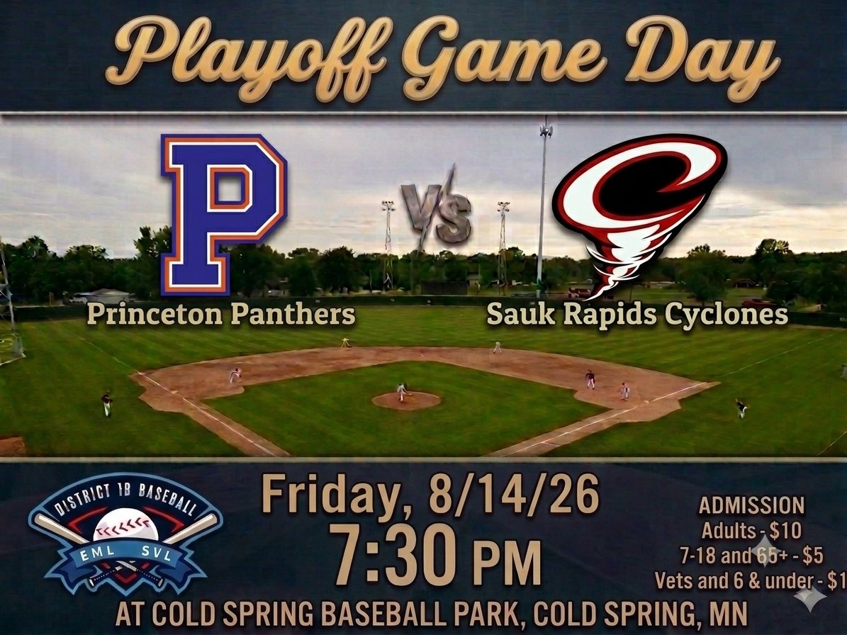 MNDistrict1B's tweet photo. Sauk Rapids vs Princeton tonight battle for the District 1B crown! Winner gets the #1 Seed and the Bye for the @MBAState2026, loser gets the #2 Seed! First pitch in Cold Spring set for 7:30pm! @MinnBaseball https://t.co/BzkI4xspEa