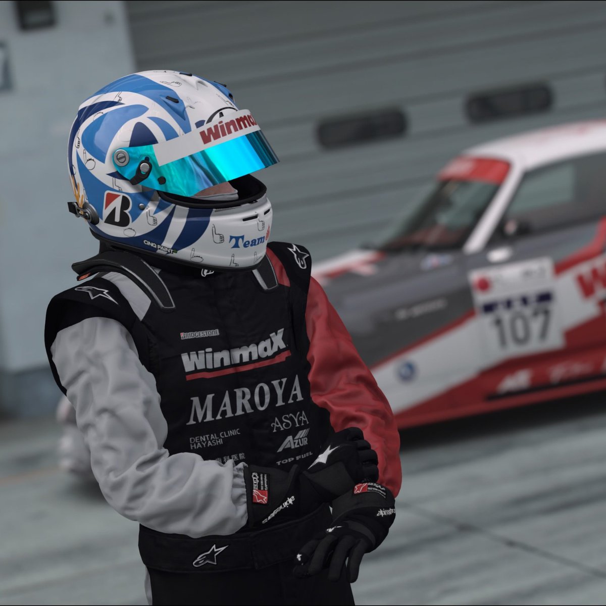 potato999's tweet photo. 有り難い御依頼を頂き、
広瀬選手のスーツとメットデザインをGT7で作りました

#MAROYA
#Winmax
#BRIDGESTONE
#CINQPAINT
#Gymkhana https://t.co/RCZqVW7tpH