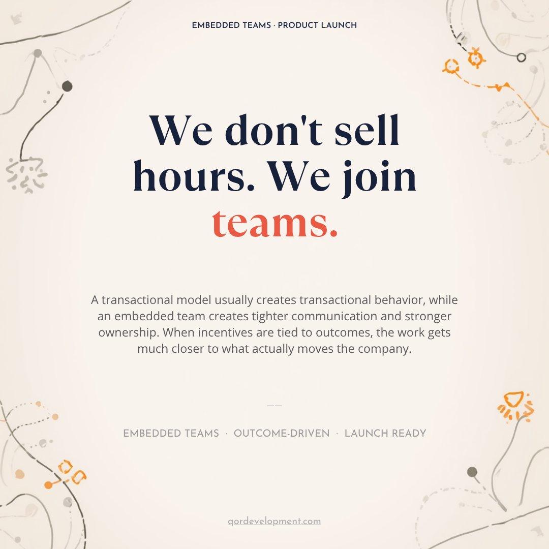 qordev's tweet photo. 𝗪𝗲 𝗱𝗼𝗻’𝘁 𝘀𝗲𝗹𝗹 𝗵𝗼𝘂𝗿𝘀. 𝗪𝗲 𝗷𝗼𝗶𝗻 𝘁𝗲𝗮𝗺𝘀.

That distinction matters more than most founders expect.

A transactional model usually creates transactional behavior. Work gets scoped, handed off, and delivered, but ownership often stops at the boundary of the task. When a team works as an extension of the founder instead, the relationship changes. Communication gets tighter. Decisions get faster. Context gets shared more deeply. And because capital and equity are on the line, the incentives move closer to the outcome, not just the output.

The goal is not to sit adjacent to the company. It is to help carry it forward.

#Founders #Startups #SoftwareDevelopment #VentureCapital