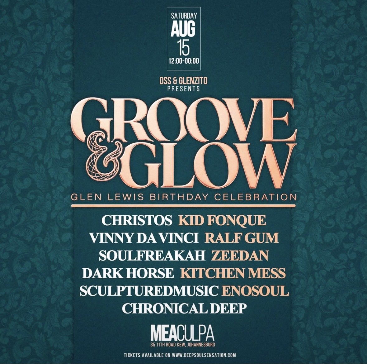 tshidee__m's tweet photo. This weekend at Mea Culpa

Saturday: 
Glen Lewis birthday celebration 

🎟️ https://t.co/FFgzOgUVPI

Sunday
Sunday Odyssey 
RSVP for tickets at https://t.co/Sopafl6UUM

Lets get groovy this weekend  @dsslifestyle 🎊🥳 https://t.co/794OasiFB0