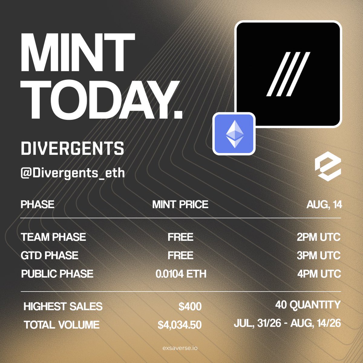 exsaverse's tweet photo. @Divergents_eth mint is live. 2 weeks of OTC activity on exsaverse leading up to this.

highest WL sale: $400 (40 qty)
total OTC volume: $4,034.50 (jul 31 - aug 14)

who’s minting right now? https://t.co/uxQ9UuFEpe
