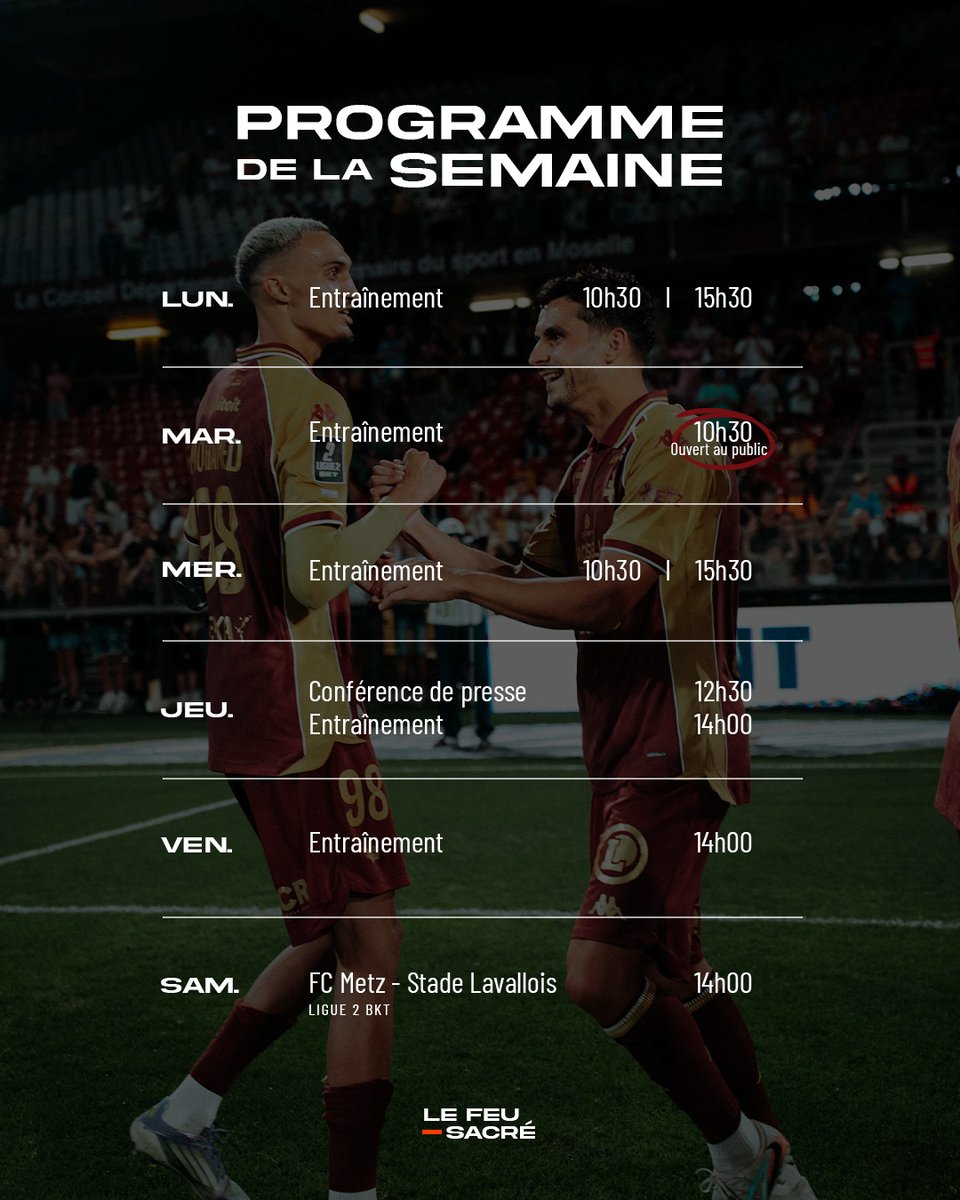 FCMetz's tweet photo. Le 𝗽𝗹𝗮𝗻𝗻𝗶𝗻𝗴 de cette nouvelle semaine d'entraînement.

Une séance ouverte au public, ce mardi, avant la réception de Laval ⤵️