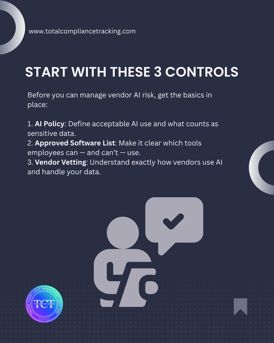 GetTCT's tweet photo. Your vendors are adding AI to their software. But do you know what they’re doing with your data?

Before approving AI-enabled tools, know what to ask, what to verify, and which red flags should be dealbreakers.

Read more: https://t.co/4tsWJhcAyZ https://t.co/UiMrICIkal