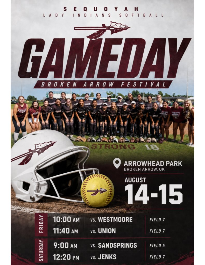 SeqIndians's tweet photo. 🥎 GAMEDAY | BROKEN ARROW FESTIVAL🥎

The Sequoyah Lady Indians are headed to Arrowhead Park for two days of tournament action!
📍Arrowhead Park
📍 202 E 91st St, Broken Arrow, OK 74012
📅 August 14–15

Friday: Westmoore &amp; Union
Saturday: Sand Springs &amp; Jenks

#fearthespear https://t.co/vBFK8RLmWy
