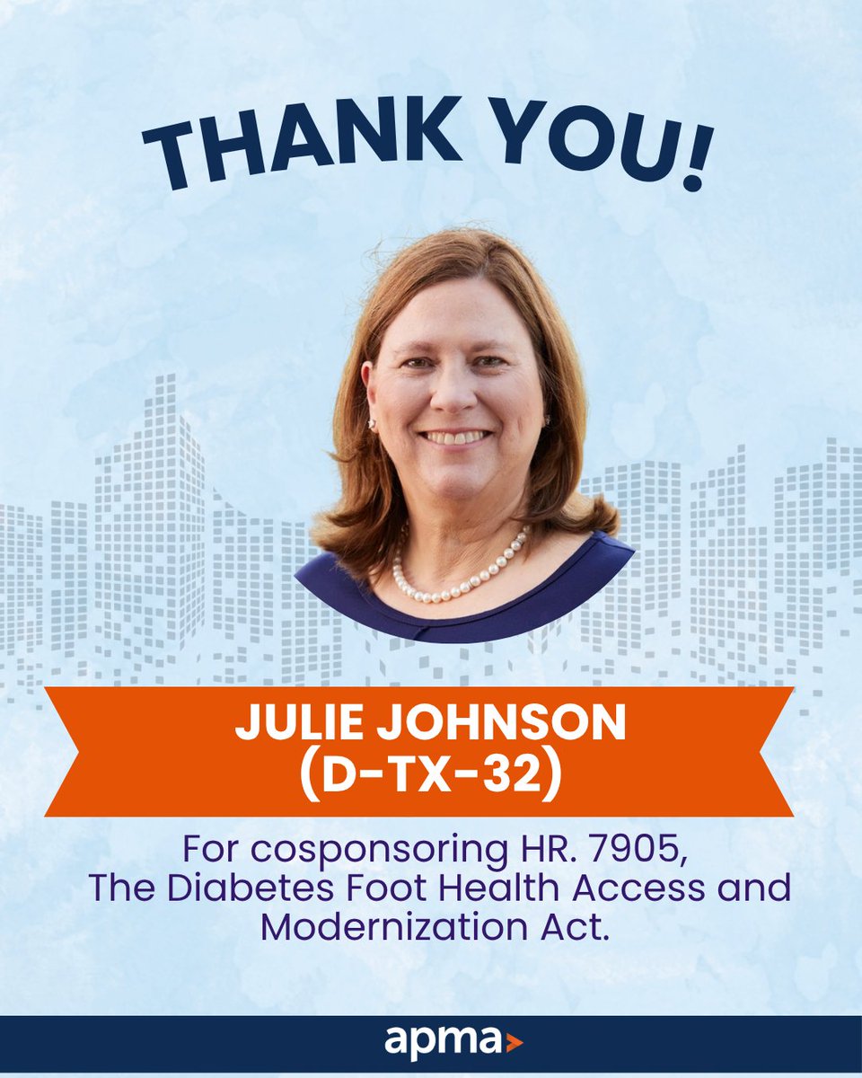 APMA's tweet photo. Thank you @RepJulieJohnson for cosponsoring H.R. 7905, the Diabetes Foot Health Access and Modernization Act, which would reduce Medicare documentation burdens for therapeutic shoes and establish Medicaid coverage parity for podiatrists! #DiabetesCare https://t.co/oQLMuTuRHE