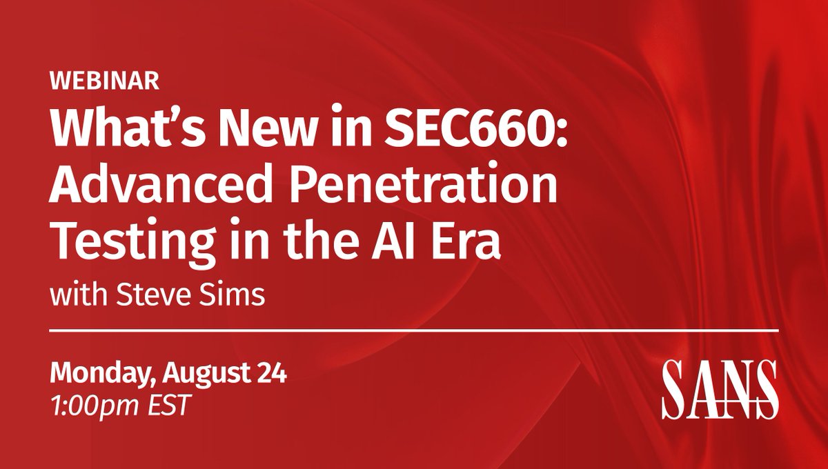 SANSOffensive's tweet photo. Advanced pentesting is changing as AI enters the workflow.
Join live on Aug 24 to see whatโs new in SEC660 across vuln research, reversing, debugging, and exploit development.
๐ https://t.co/fcte6UU3db
#SEC660 #OffSec #AI https://t.co/kCn5XnCpV0