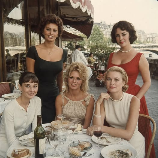 ChonlozB's tweet photo. Paris, 1962 — Five timeless icons at one imagined café table: Sophia Loren, Audrey Hepburn, Brigitte Bardot, Grace Kelly and Elizabeth Taylor. ✨ Five legends, five styles, one unforgettable Golden Age of Hollywood moment. https://t.co/v5wbqFXw3t
