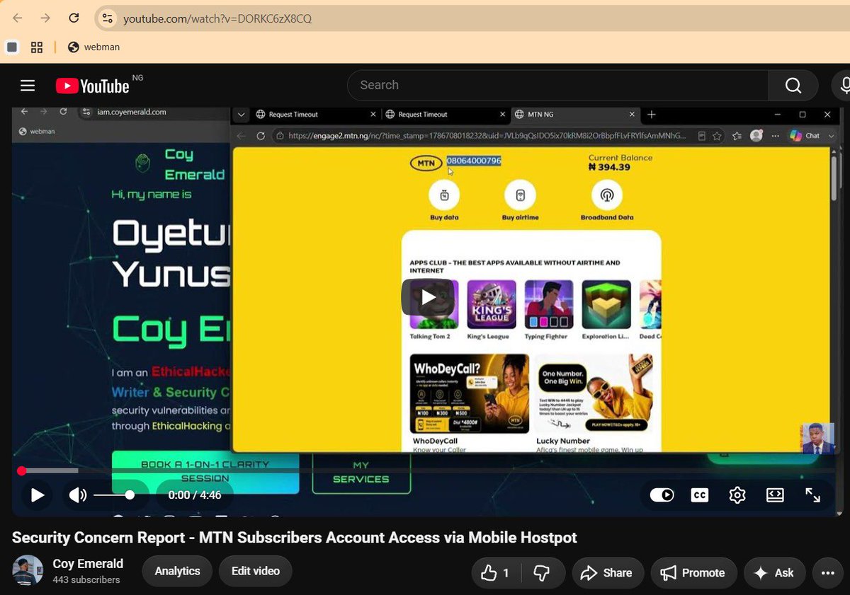 CoyEmerald1's tweet photo. 🚨 Security Concern Report 

Dear @MTNNG,  @MTN180 ,

This video, https://t.co/0oFEc3jnvk,  recorded on 14 August 2026, demonstrates a security issue that I believe requires investigation

As shown in the video, a user connected to another subscriber’s mobile hotspot appears to be able to access sensitive subscriber actions, including options to purchase data or airtime associated with the subscriber/account

This raises an important security and privacy concern, as a person who is merely connected to another subscriber’s hotspot should not be able to access, initiate, or authorize sensitive account transactions (such as demonstrated in the video) without appropriate authentication or authorization

I recommend that you investigate whether this behaviour is intended and, if not, consider implementing an additional security control for sensitive actions, 
for example, this supposed to be requiring independent subscriber verification before purchases or other account-affecting transactions can be completed, otherwise, kindly remove this feature  

Note: I already instructed my team member to also escalate this matter with your security team .. 
So kindly review the attached demonstration and confirm whether this behavior is expected

And If it is a security vulnerability (although it is 🌚) I hope it can be addressed promptly to protect your custormers (which I am one of )

Plus all my other security research contents, this video is also shared for responsible disclosure and security awareness purposes 

Thank you for taking this security concern seriously! 

I am @CoyEmerald1,
A security researcher from Lagos , Nigeria 🇳🇬 who has been helping with your #security for a long time , and you even titled me ni “Good Samaritan.” 😅