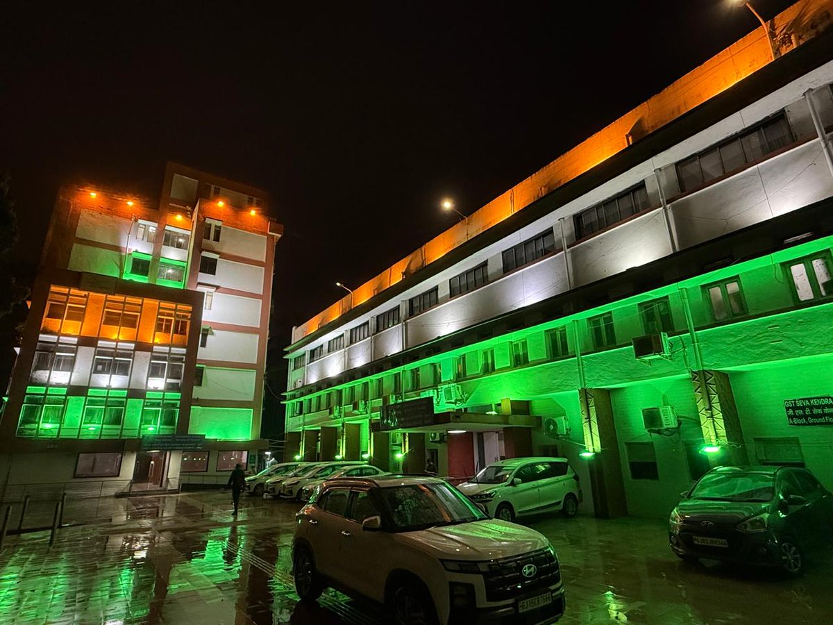CgstSurat's tweet photo. On the eve of Independence Day 2026, Central GST Office, Surat is illuminated in the colours of the Tiranga 🇮🇳  
Celebrating 79 years of freedom with pride and unity.  
@FinMinIndia @cbic_india @CGSTSurat  
#IndependenceDay2026 #HarGharTiranga #AmritMahotsav https://t.co/WWhjwKvgaK