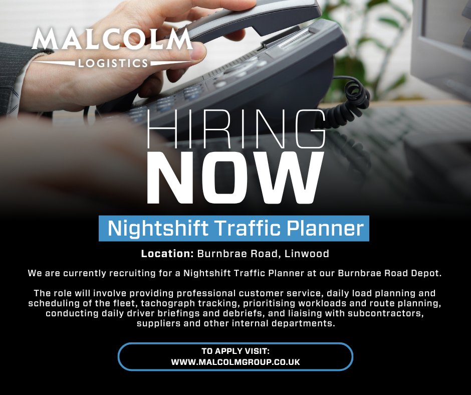 MalcolmGroup's tweet photo. NEW VACANCY!

To apply visit: https://t.co/0vDvWtV6PM

#TrafficPlanner #HiringNow #MalcolmLogistics #TheMalcolmGroup https://t.co/DM8VwcORWV