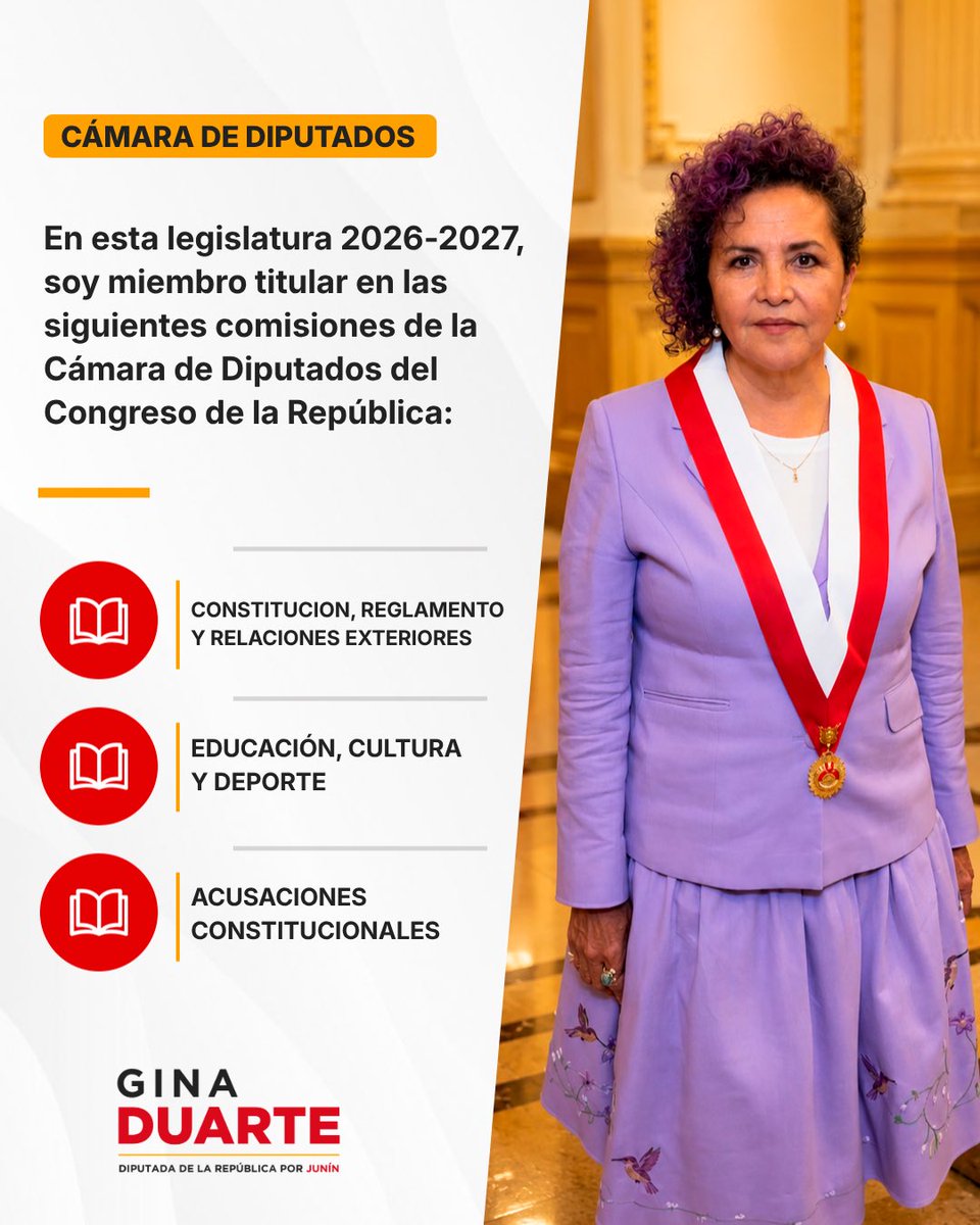 ginaduarte_pe's tweet photo. Desde las comisiones de Constitución, Educación y Acusaciones Constitucionales, trabajaré para impulsar leyes que beneficien a Junín y al Perú, fortalecer nuestra democracia y ejercer un firme control político para garantizar una gestión eficiente. https://t.co/8BpYdjE4ws