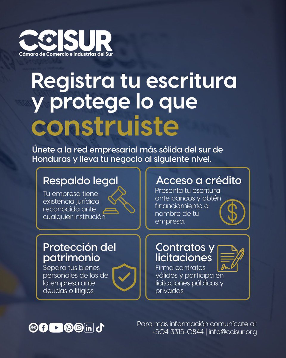 CCIS_Choluteca's tweet photo. Tener tu escritura registrada en la CCISUR no es solo un trámite — es blindar tu empresa. 🏢📄

Con tu escritura formalizada puedes:
⚖️ Actuar legalmente ante cualquier institución
🏦 Acceder a créditos bancarios a nombre de tu empresa
🔒 Proteger tu patrimonio personal https://t.co/eu2P9SbVcL
