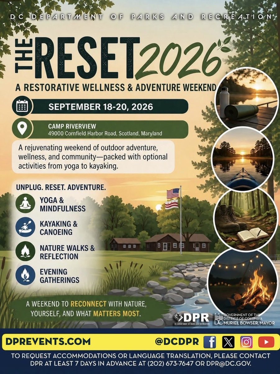 DCDPR's tweet photo. ๐ฟ THE RESET 2026 ๐ฟ
You donโt need another busy weekend. You need a RESET. ๐ง๐ฝโโ๏ธ๐ฒ
Join us Sept. 18โ20 at Camp Riverview for wellness, adventure, nature & connection. ๐ถ๐โจ
Space is limited! Register at
https://t.co/U8DD9r9DvG
#DPRevents #WellnessRetreat https://t.co/z1oL5axJeu