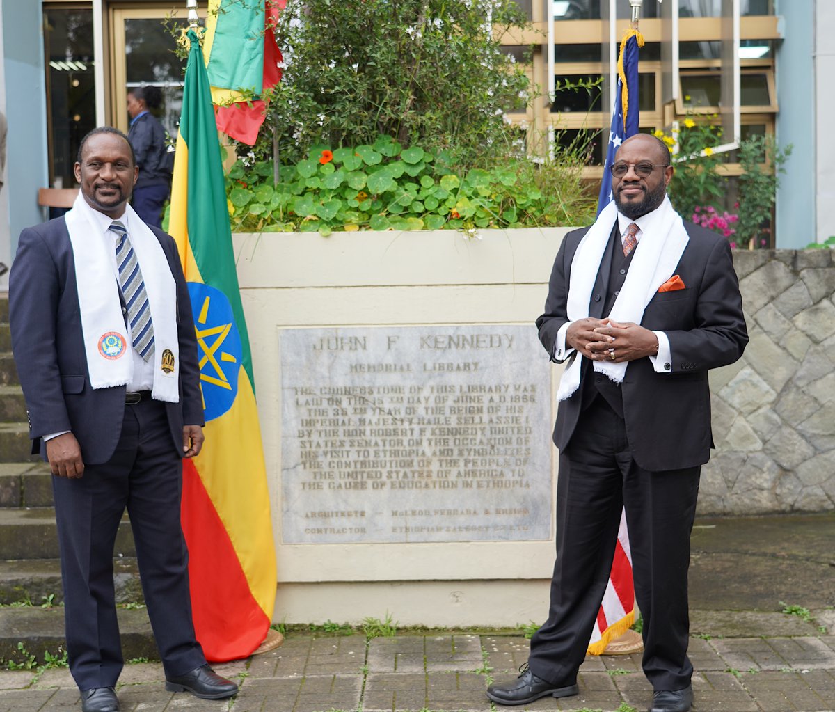 USEmbassyAddis's tweet photo. Ambassador Massinga joined State Minister of Education Kora Tushune and Addis Ababa University and Ethiopian Academy of Sciences leadership to celebrate seven decades of U.S.-Ethiopia partnership in higher education. The event honored the historic legacy of the John F. Kennedy Memorial Library while celebrating the future, as #AAU and nine other top Ethiopian research universities celebrate significant progress toward institutional autonomy.
 
The event marked the 60th anniversary of the John F. Kennedy Memorial Library, laid by Senator Robert Kennedy in 1966 in honor of President Kennedy's legacy.  In his remarks, Ambassador Massinga highlighted that, "The Kennedy Library remains one of the most visible symbols of the enduring U.S.-Ethiopian partnership.”  Ambassador Massinga was also pleased to announce that the U.S. Department of State’s Ambassadors Fund for Cultural Preservation will support a preservation project to protect this historic library for generations to come. From the 1950s Point Four initiative to today, the U.S. remains Ethiopia's partner of choice in advancing higher education, academic exchange, and institutional capacity building. #USinEthiopia #Freedom250