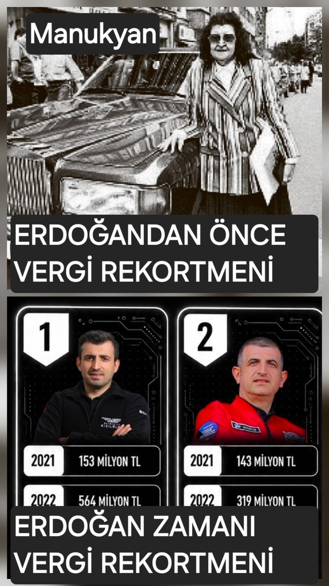 savunandavadami's tweet photo. ERDOĞAN BU ÜLKEYİ PEZEVENKLERİN ELİNDEN ALDI DİYORUMDA İNANMIYORSUNUZ.
ERDOĞANDAN ÖNCE VERGİ REKORTMENİ KADIN PAZARLAYAN  MANUKYAN, ERDOĞANDAN SONRA VERGİ REKORTMENİ YERLİ VE MİLLİ SVUNMA ŞİRKETİ BAYRAKTAR. https://t.co/e1xysAtm9e