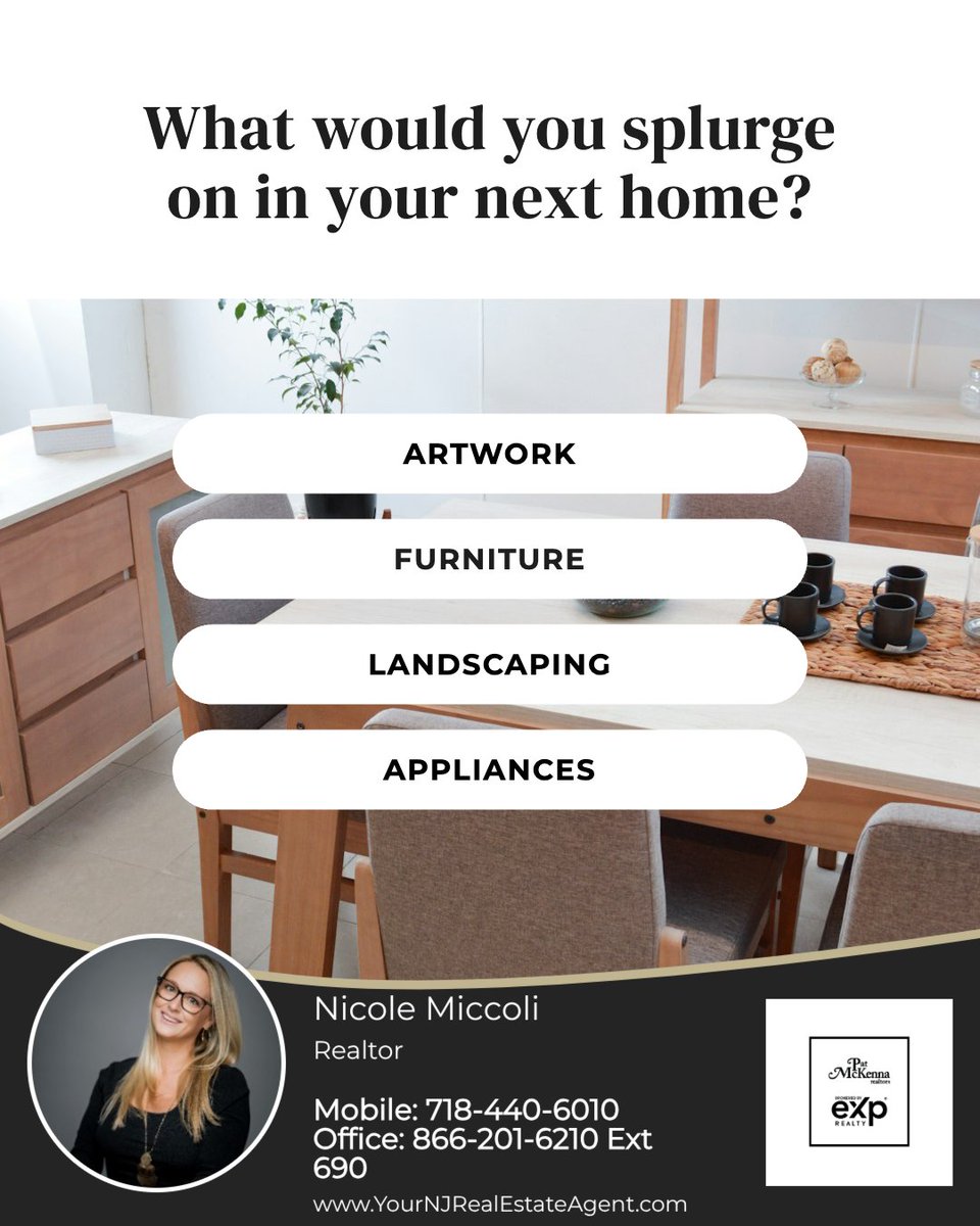 NicoleMiccoli's tweet photo. Picture this: You've just bought your dream home. What’s the first thing you’re splurging on: an eye-catching piece of artwork, sleek new appliances, or that perfect statement furniture? How will you make your space uniquely yours?

#RealEstate #Realtor #RealEstateAgent https://t.co/i5ld9DGuaz