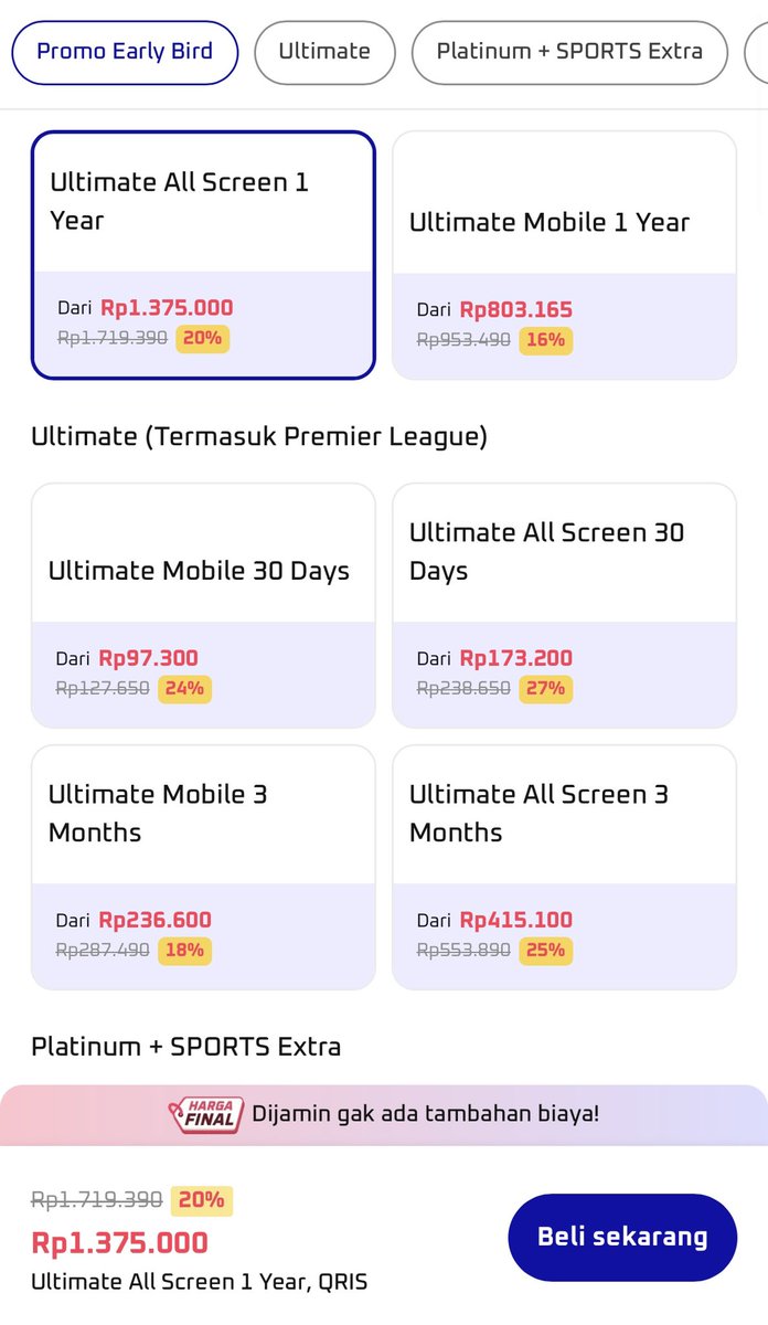virtualballers's tweet photo. Diinfo temen dari Bukalapak. Vidio ternyata bisa beli di Lapak Gaming. Resmi, official partner. 🤝

Harganya lebih murah jauh jadi 1,3 juta buat all screen Premier League satu tahun.

Barangkali ada yang minat juga ⤵️
https://t.co/30dqUE4kq1 https://t.co/Vn9CkxlL7r