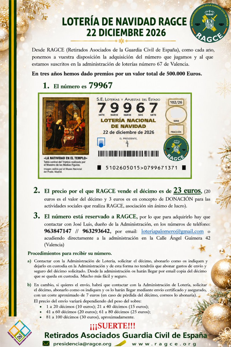 RAGCEasociados's tweet photo. 🎄🎰 Lotería de Navidad RAGCE 2026
🎟️ Nuestro número: 79967
💶 Décimo: 23 € (20 € + 3 € de donación para actividades sociales de RAGCE).
🏆 En tres años hemos dado premios por un valor total de 500.000 €
📞 963 847 147 / 963 293 642
📧 loteriapalomero@gmail.com
🍀 ¡Suerte! 🇪🇸 https://t.co/Pp2IErtzxr