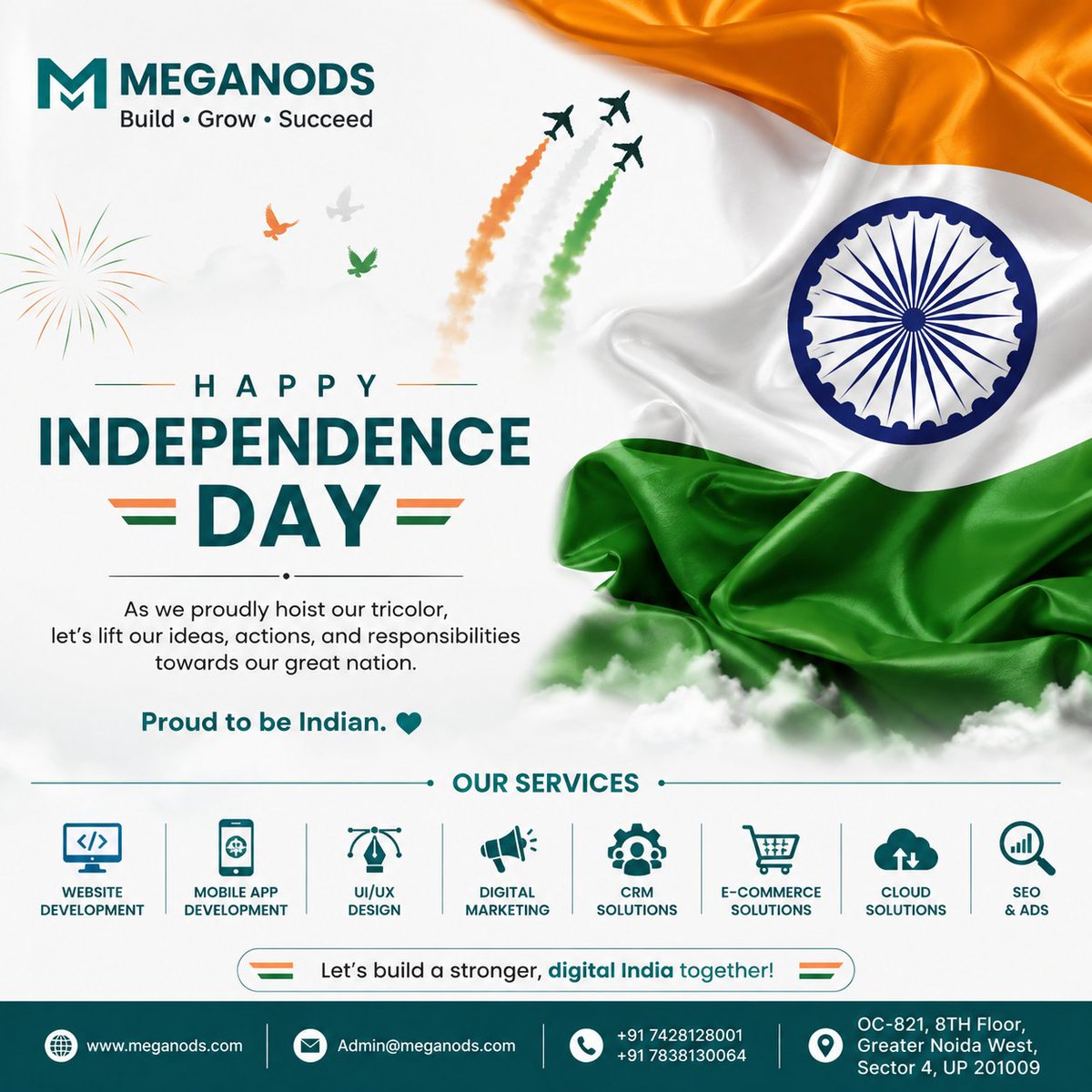 MegaNods33550's tweet photo. ���🇳 Happy Independence Day! 🇮🇳 This Independence Day, let’s celebrate the spirit of freedom, unity, and progress. At Meganods, we believe in building a stronger and smarter Digital India through innovation, technology, and responsible action.
 #DigitalIndia #Technology #Innovation https://t.co/zI878cbKNm