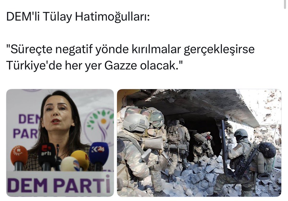 OrkunOzeller's tweet photo. Türkiyeyi Gazze’ye çevireceksiniz öyle mi?
Biz hendeklerinizi de barikatlarınızı gördük. Siyasetini yaptığınız teröristleri oralara gömdük.  Güvenlik güçlerimiz yarın bir daha gömer 
Sen kimi tehdit ediyorsun ? Git beraber yol yürüdüğünüz teröristlerle kardeş olmak isteyen  yeni apocu siyasi partilere dayılan. 

Çatışma çığırtkanlığı yapan Tülay hadi bakalım hodri meydan. Ama bu sefer başkalarının çocukları üzerinden çatışma siyaseti yapanlar da bedelini öder.